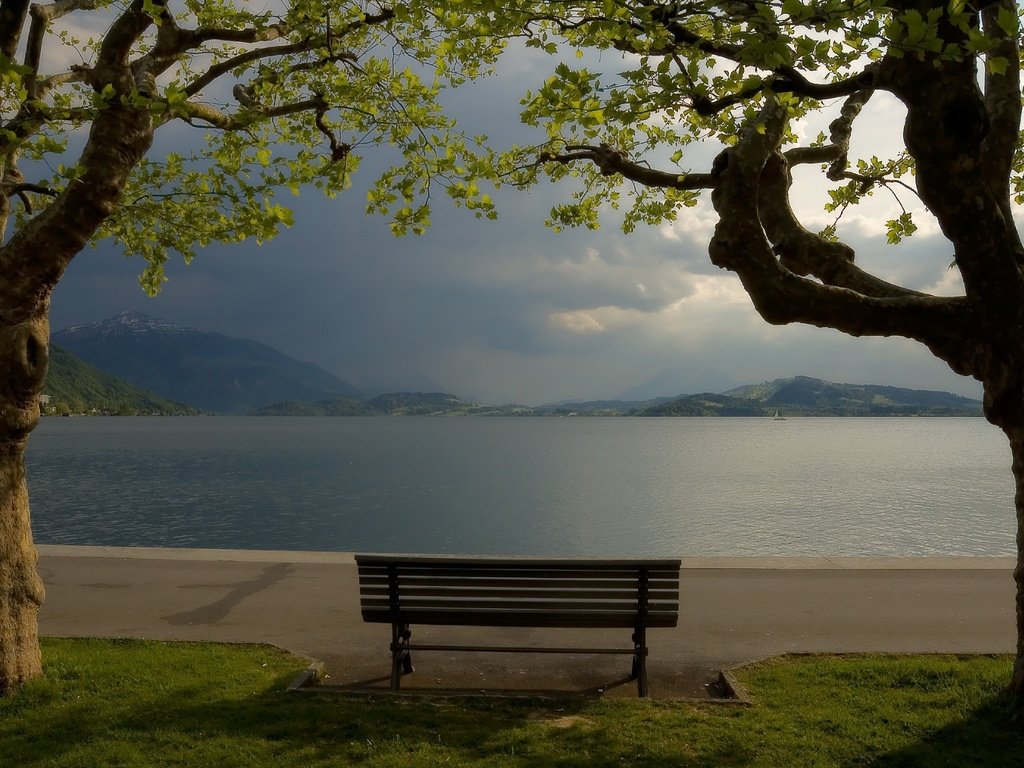 Обои деревья, озеро, горы, скамейка, лавка, trees, lake, mountains, bench, shop разрешение 2948x1965 Загрузить