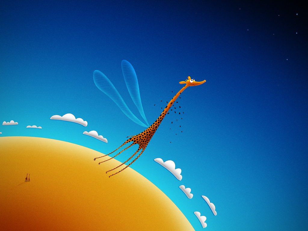 Обои небо, облака, полет, жираф, the sky, clouds, flight, giraffe разрешение 2560x1600 Загрузить