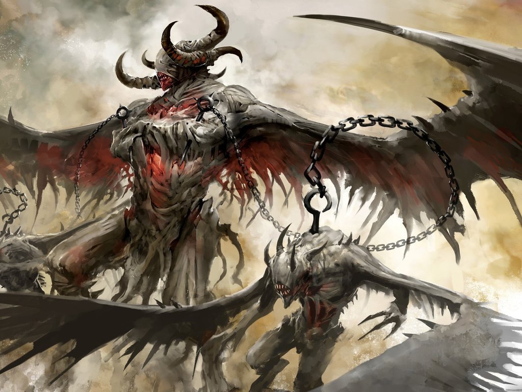 Обои демоны, крылья, guild wars 2, рога, цепь, крюк, demons, wings, horns, chain, hook разрешение 1920x1297 Загрузить