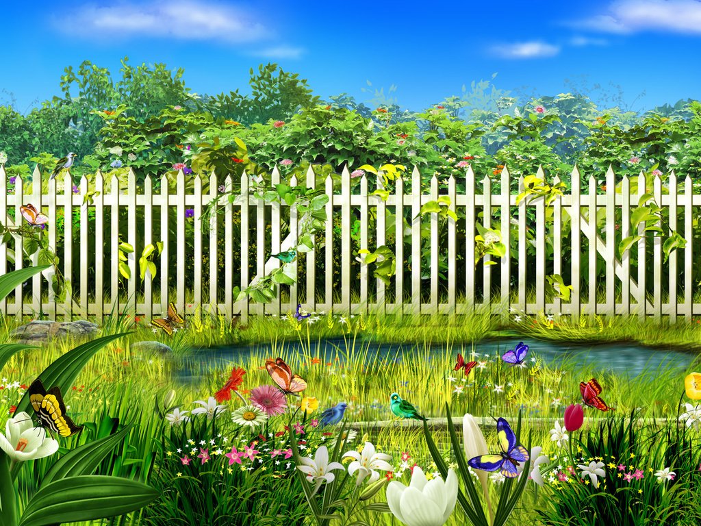 Обои цветы, трава, вода, забор, бабочки, flowers, grass, water, the fence, butterfly разрешение 1920x1200 Загрузить