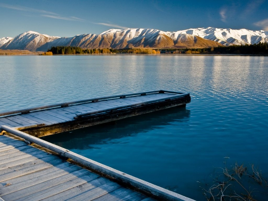 Обои озеро, горы, природа, пирс, новая зеландия, lake, mountains, nature, pierce, new zealand разрешение 1920x1200 Загрузить