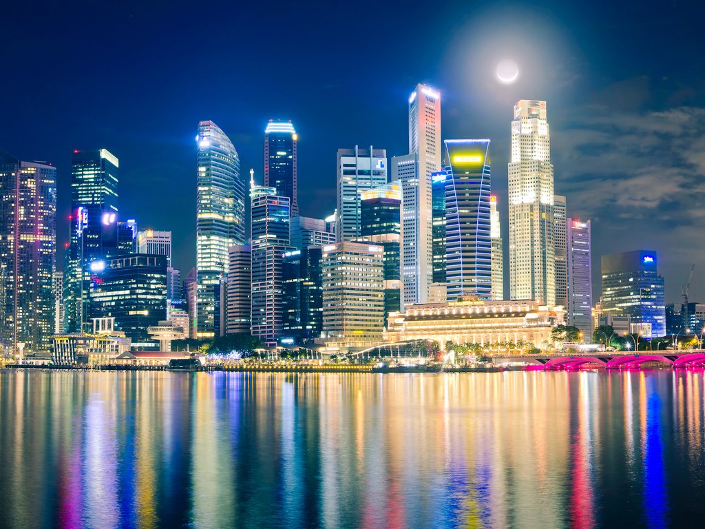 Обои ночь, огни, отражения, небоскребы, сингапур, night, lights, reflection, skyscrapers, singapore разрешение 1920x1180 Загрузить