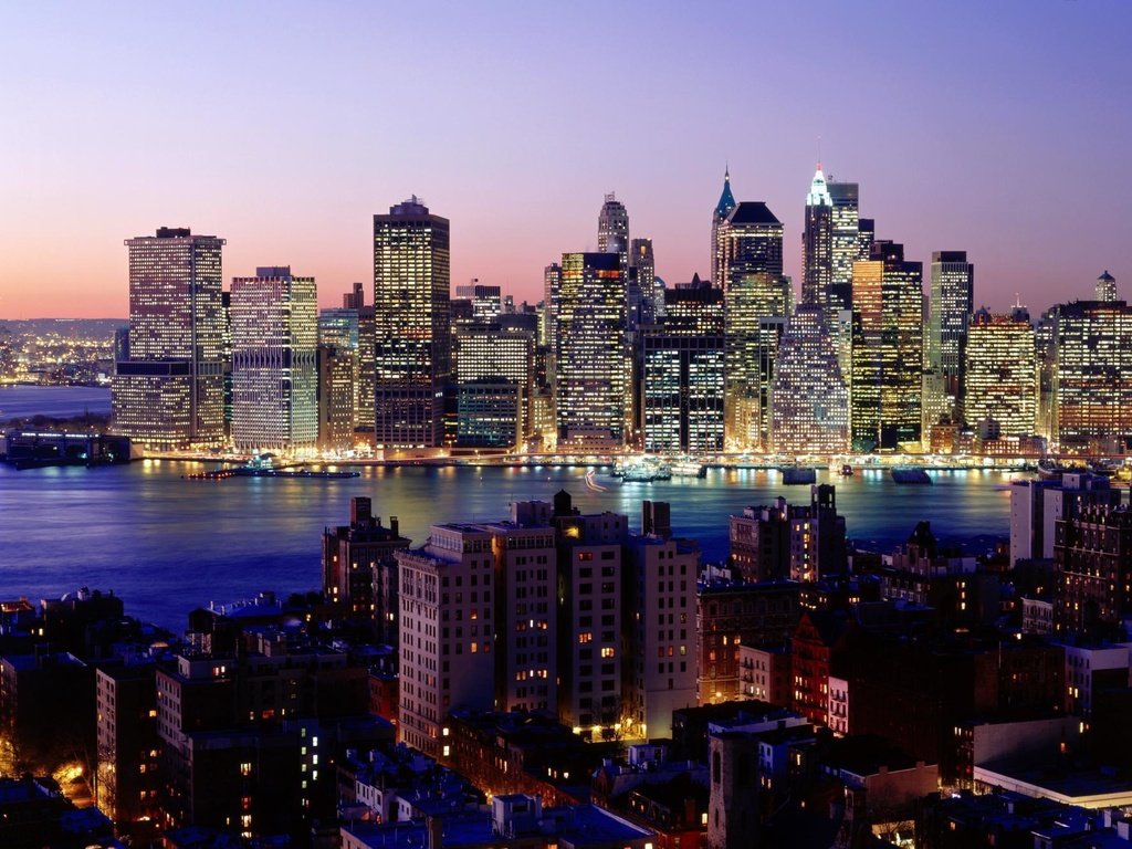 Обои огни, вечер, небоскребы, нью-йорк, манхеттен, вид на город, lights, the evening, skyscrapers, new york, manhattan, city view разрешение 1999x1333 Загрузить