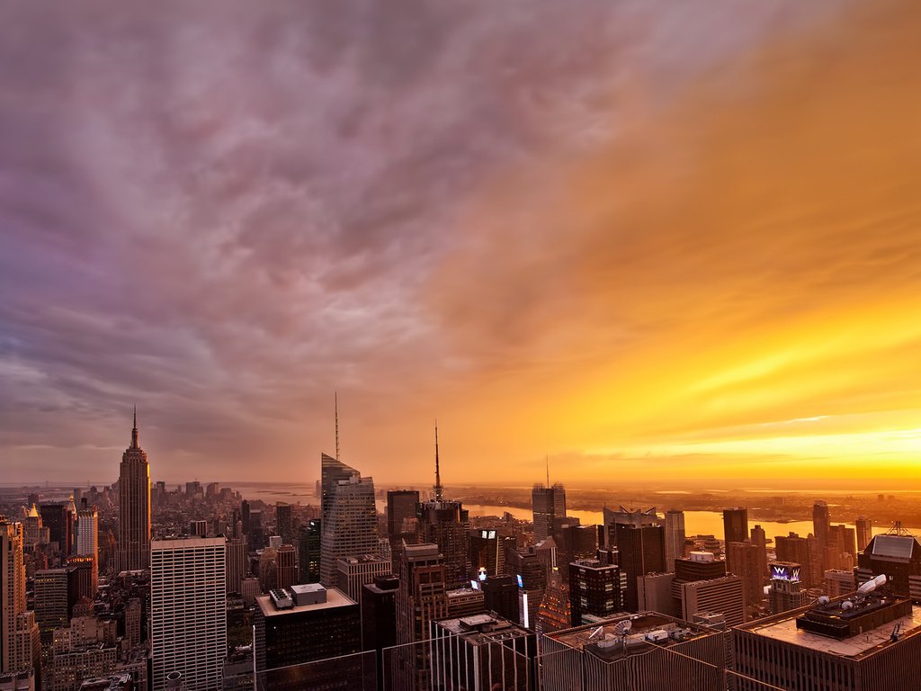 Обои закат, вид сверху, небоскребы, нью-йорк, sunset, the view from the top, skyscrapers, new york разрешение 1920x1200 Загрузить