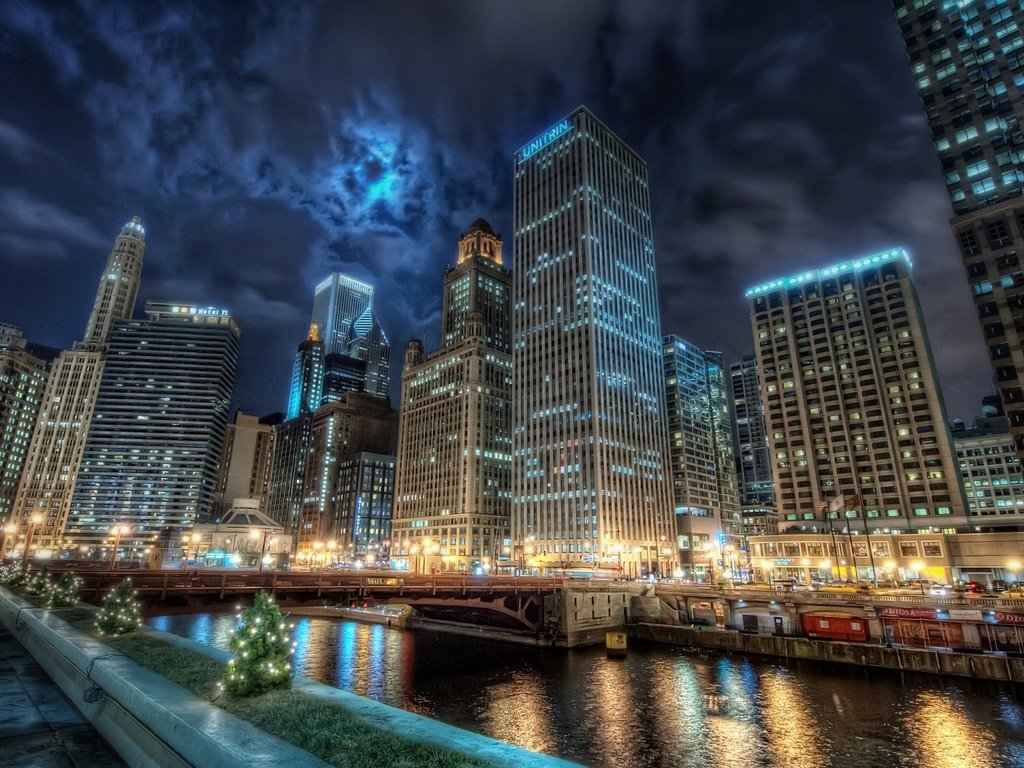 Обои река, мост, небоскребы, ночной город, чикаго, river, bridge, skyscrapers, night city, chicago разрешение 1920x1080 Загрузить