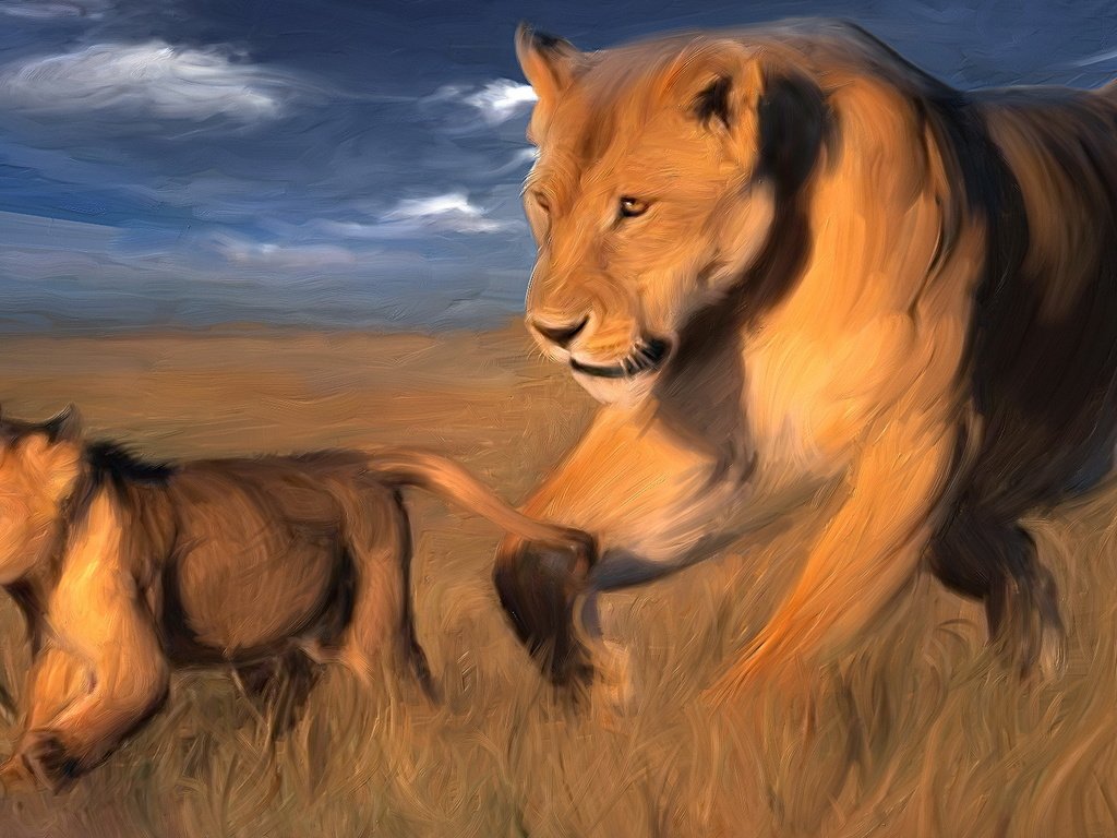 Обои львица, львёнок, саванна, lioness, lion, savannah разрешение 1920x1080 Загрузить