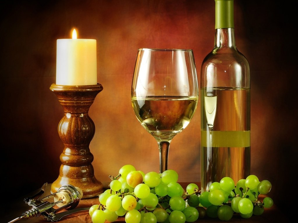 Обои виноград, бокал, вино, свеча, бутылка, белое вино, штопор, grapes, glass, wine, candle, bottle, white wine, corkscrew разрешение 2560x1600 Загрузить