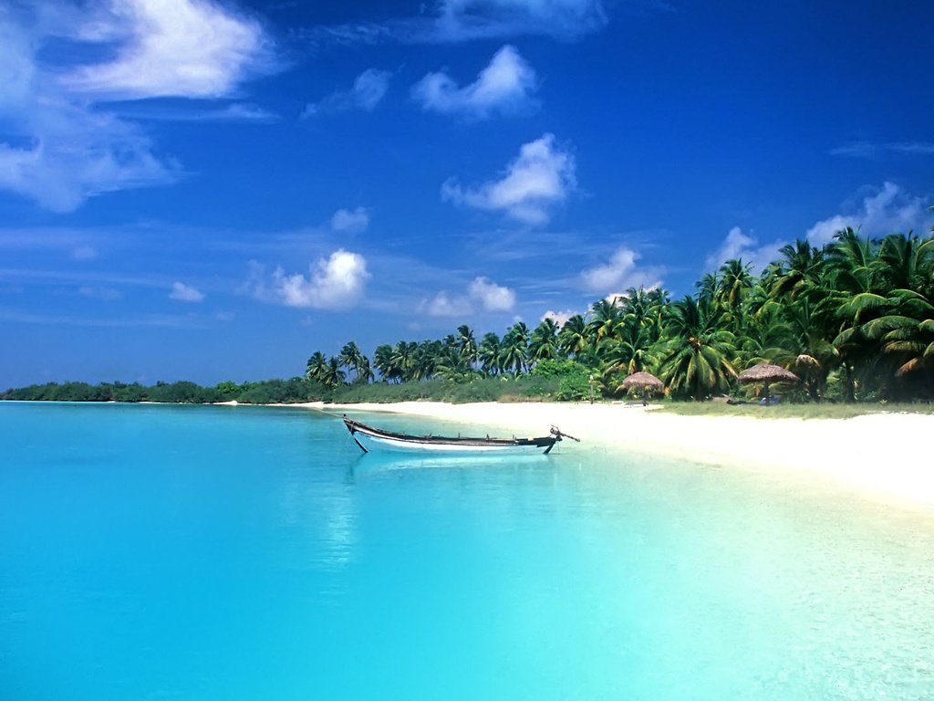 Обои пляж, лодка, пальмы, тропики, мальдивы, beach, boat, palm trees, tropics, the maldives разрешение 1920x1080 Загрузить