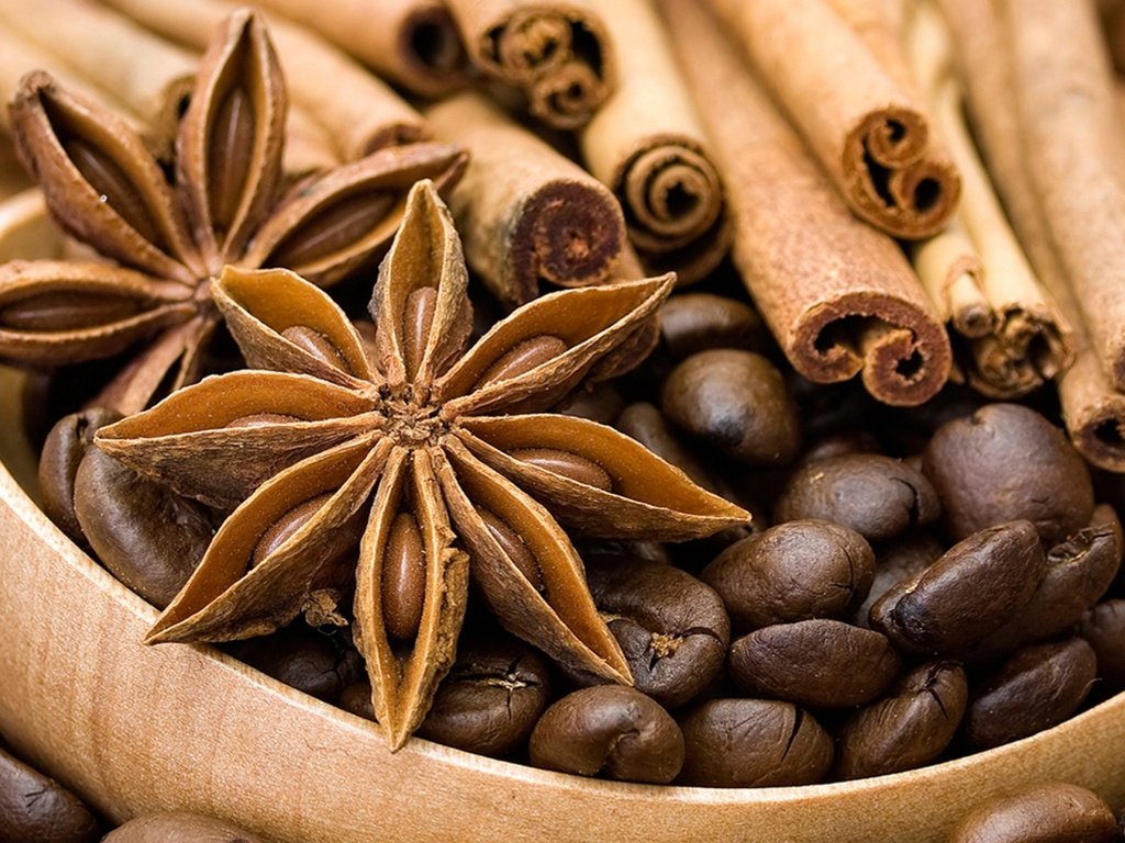 Обои корица, кофейные зерна, специи, пряности, приправы, бадьян, cinnamon, coffee beans, spices, seasoning, star anise разрешение 1920x1200 Загрузить