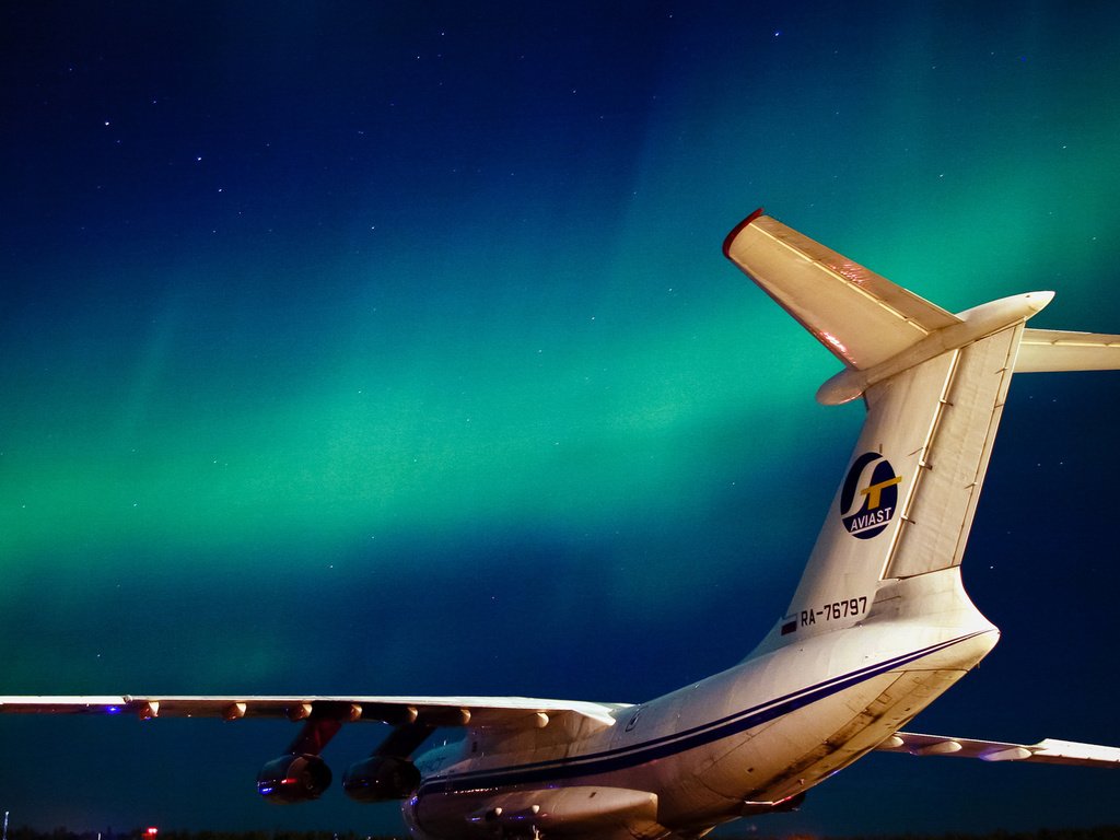 Обои ночь, самолет, северное сияние, ил-76тд, night, the plane, northern lights, il-76td разрешение 1920x1080 Загрузить