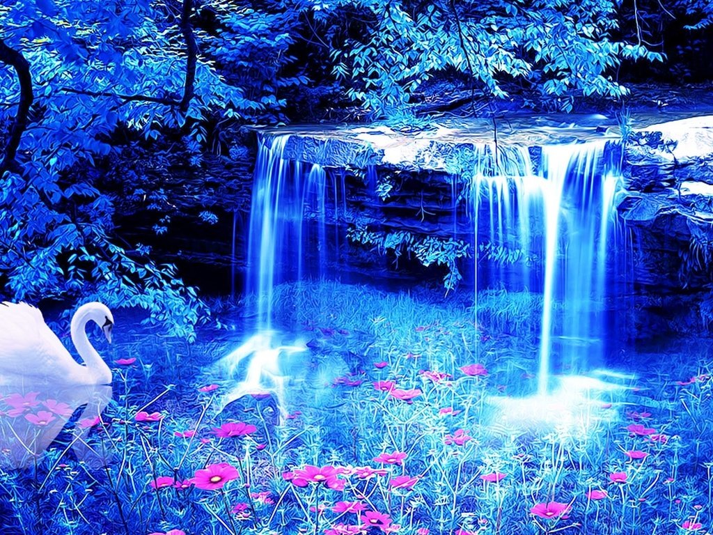 Обои цветы, водопад, лебедь, 3д, flowers, waterfall, swan, 3d разрешение 1920x1200 Загрузить