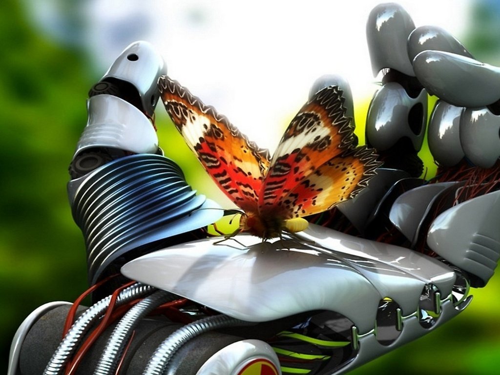 Обои бабочка в ладони робота, butterfly in the palm of the robot разрешение 1920x1080 Загрузить