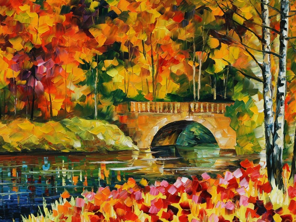 Обои деревья, вода, листья, мост, речка, живопись, trees, water, leaves, bridge, river, painting разрешение 2560x1600 Загрузить