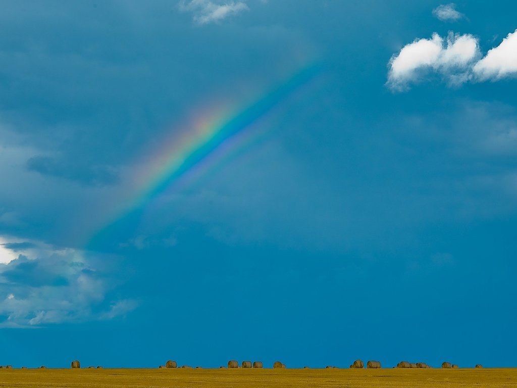 Обои небо, облака, поле, радуга, тюки, прессованное сено, the sky, clouds, field, rainbow, bales, baled hay разрешение 2880x1800 Загрузить