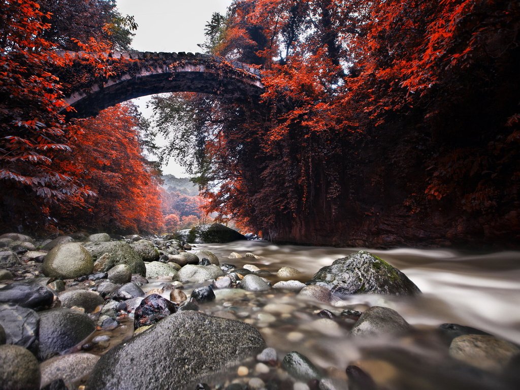 Обои река, природа, камни, мост, осень, river, nature, stones, bridge, autumn разрешение 2048x1365 Загрузить