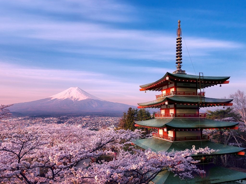 Обои пагода, япония, сакура, вулкан фудзияма, pagoda, japan, sakura, the fuji volcano разрешение 2880x1970 Загрузить