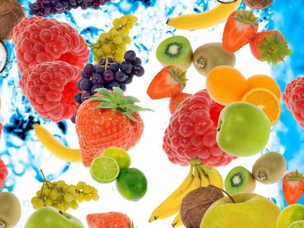 Обои виноград, киви, малина, банан, фрукты, кокос, ананас, апельсины, клубника, ягоды, яблоко, лайм, grapes, kiwi, raspberry, banana, coconut, fruit, pineapple, oranges, strawberry, berries, apple, lime разрешение 1920x1080 Загрузить