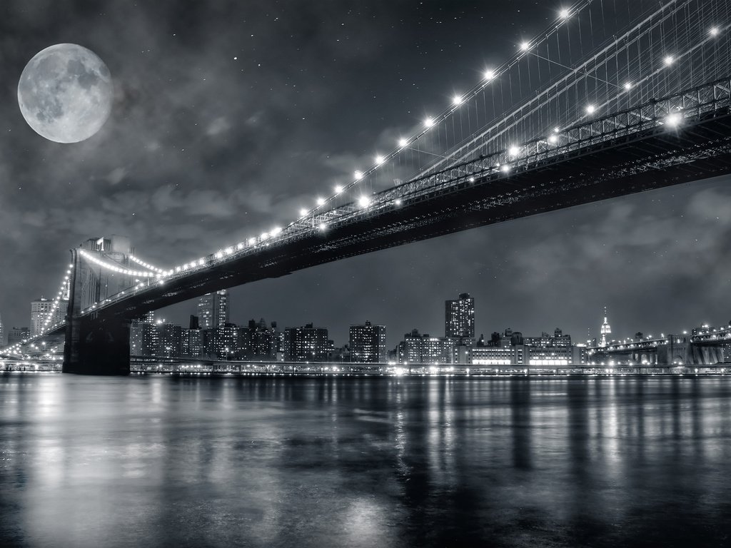 Обои ночь, огни, город, сша, нью-йорк, манхэттен, бруклинский мост, ист-ривер, night, lights, the city, usa, new york, manhattan, brooklyn bridge, east river разрешение 2880x1800 Загрузить