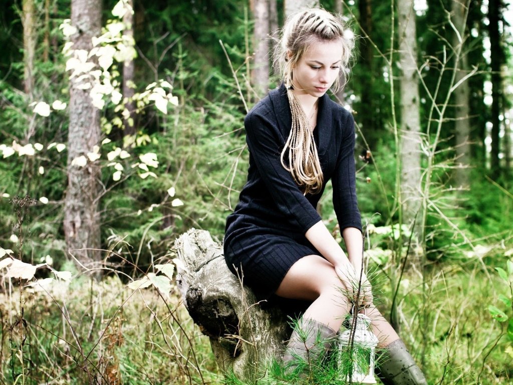 Обои девушка, в лесу, на пеньке, girl, in the woods, on the stump разрешение 1920x1200 Загрузить