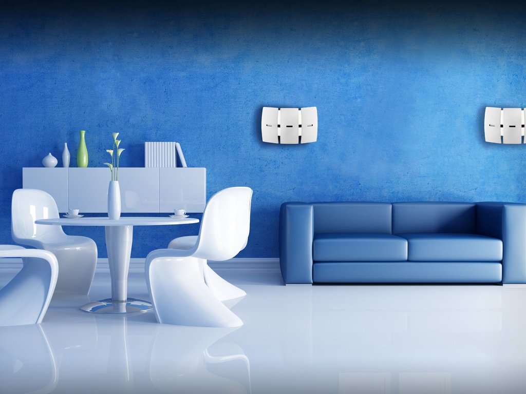 Обои интерьер, гостиная, синяя комната, белая мебель, interior, living room, the blue room, white furniture разрешение 4600x2690 Загрузить