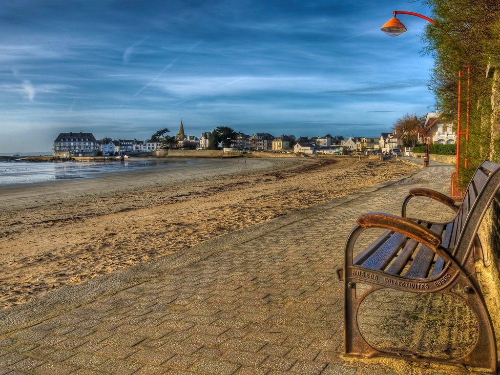 Обои город, набережная, скамейка, франция, франци, larmor, бретань, the city, promenade, bench, france, brittany разрешение 2560x1600 Загрузить