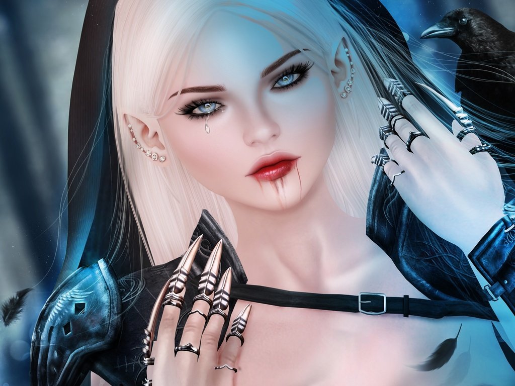 Обои девушка, блондинка, кровь, ворон, эльф, слеза, краги, girl, blonde, blood, raven, elf, tear, leggings разрешение 3000x1663 Загрузить