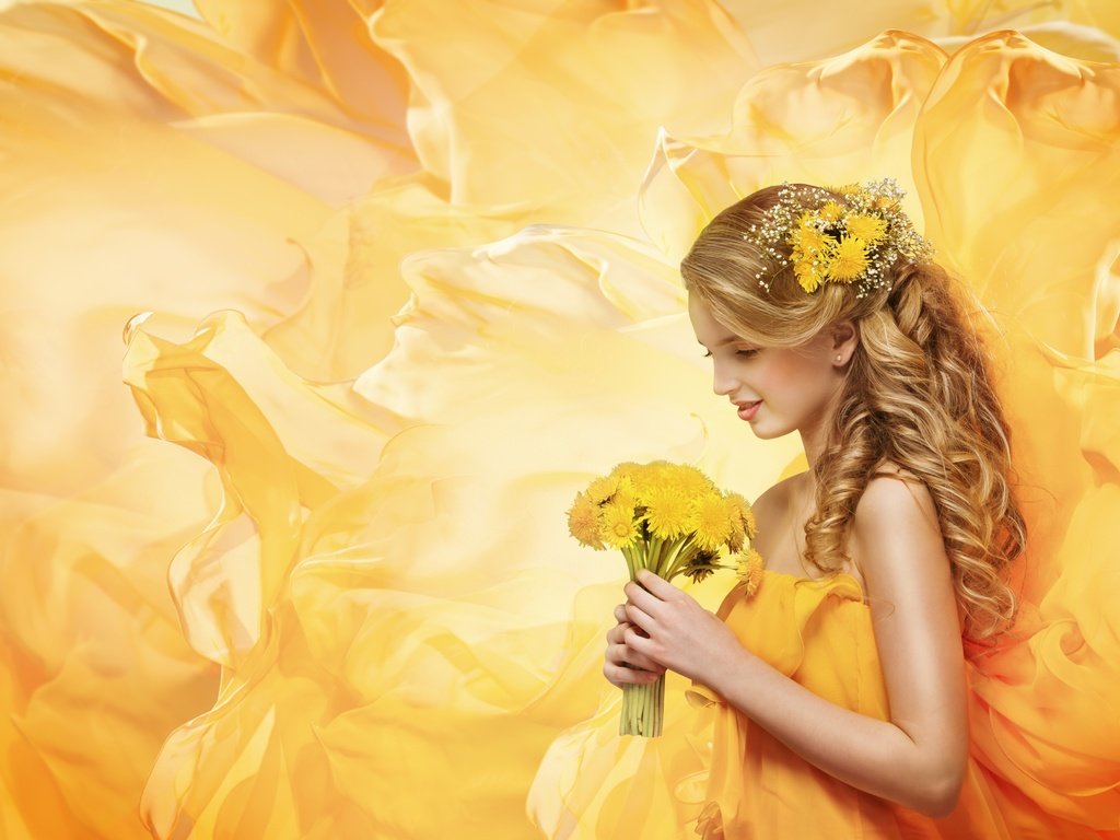 Обои цветы, платье, блондинка, одуванчики, желтые, flowers, dress, blonde, dandelions, yellow разрешение 5000x2990 Загрузить