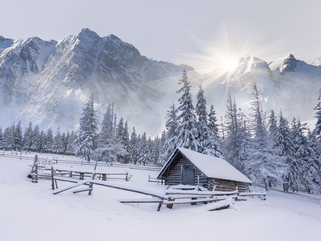 Обои горы, солнце, снег, лес, зима, дом, елки, сугробы, mountains, the sun, snow, forest, winter, house, tree, the snow разрешение 5517x3963 Загрузить