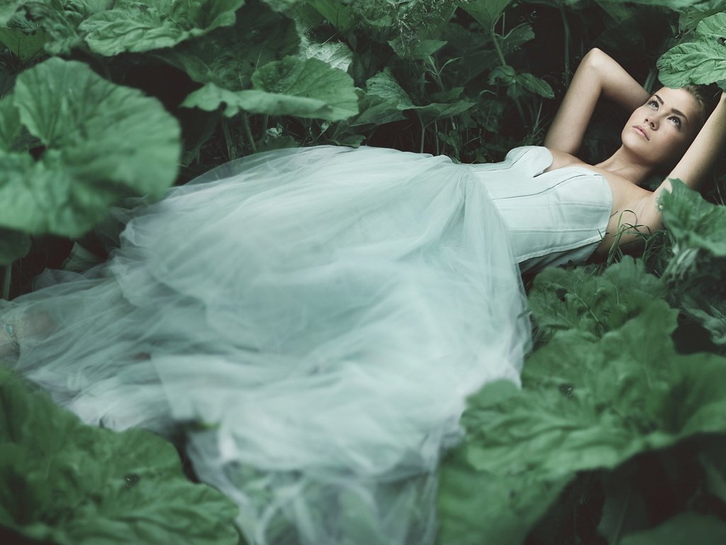 Обои растения, лес, листья, девушка, платье, лежит, принцесса, plants, forest, leaves, girl, dress, lies, princess разрешение 2048x1152 Загрузить