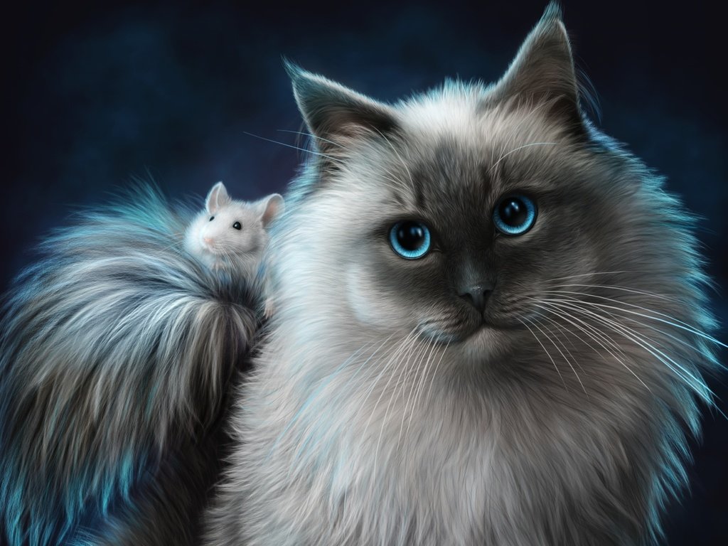 Обои арт, животные, кот, кошка, мышь, друзья, art, animals, cat, mouse, friends разрешение 3000x1944 Загрузить