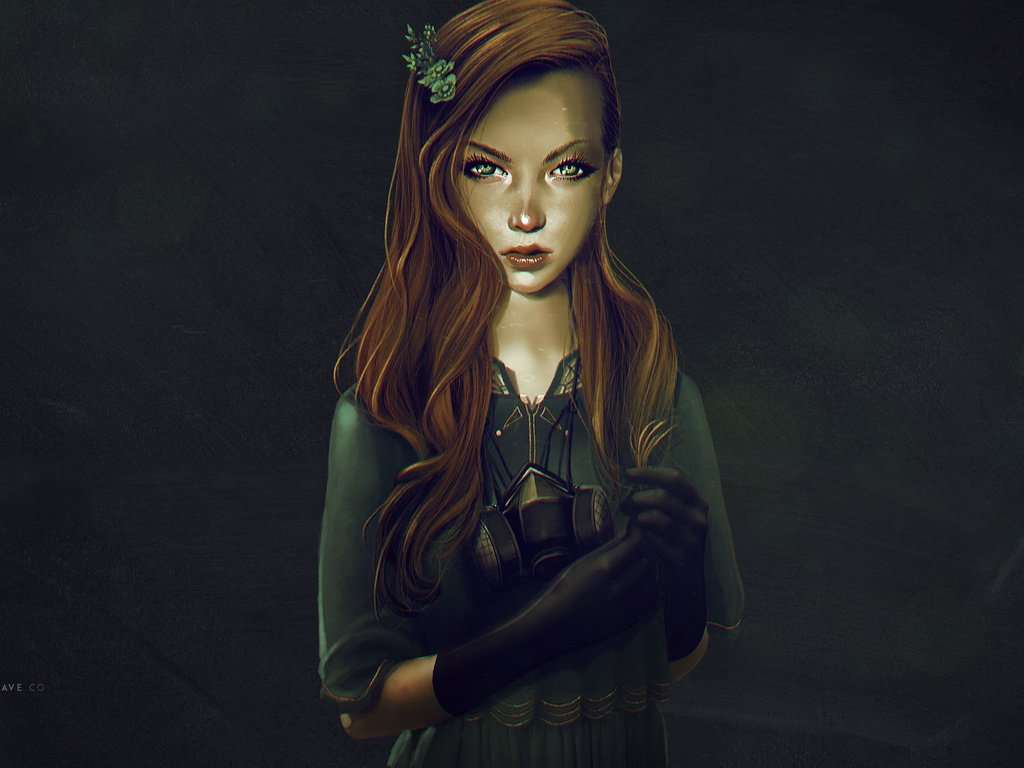 Обои арт, платье, взгляд, лицо, противогаз, рыжие волосы, art, dress, look, face, gas mask, red hair разрешение 1920x1140 Загрузить