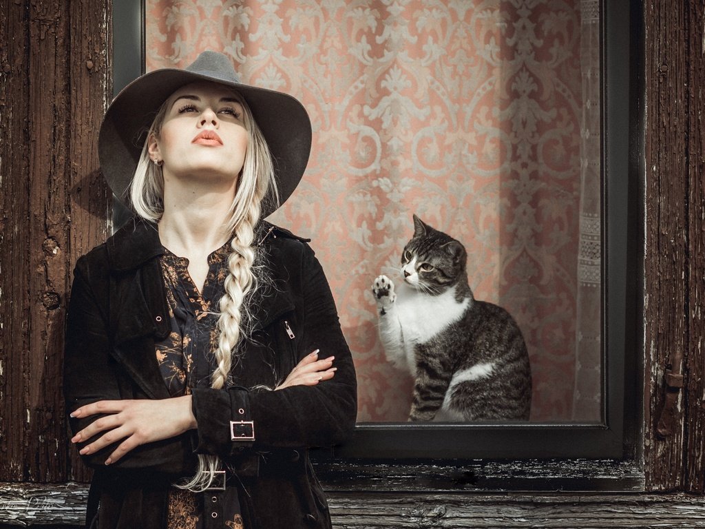 Обои девушка, кот, окно, коса, шляпа, girl, cat, window, braid, hat разрешение 2048x1390 Загрузить