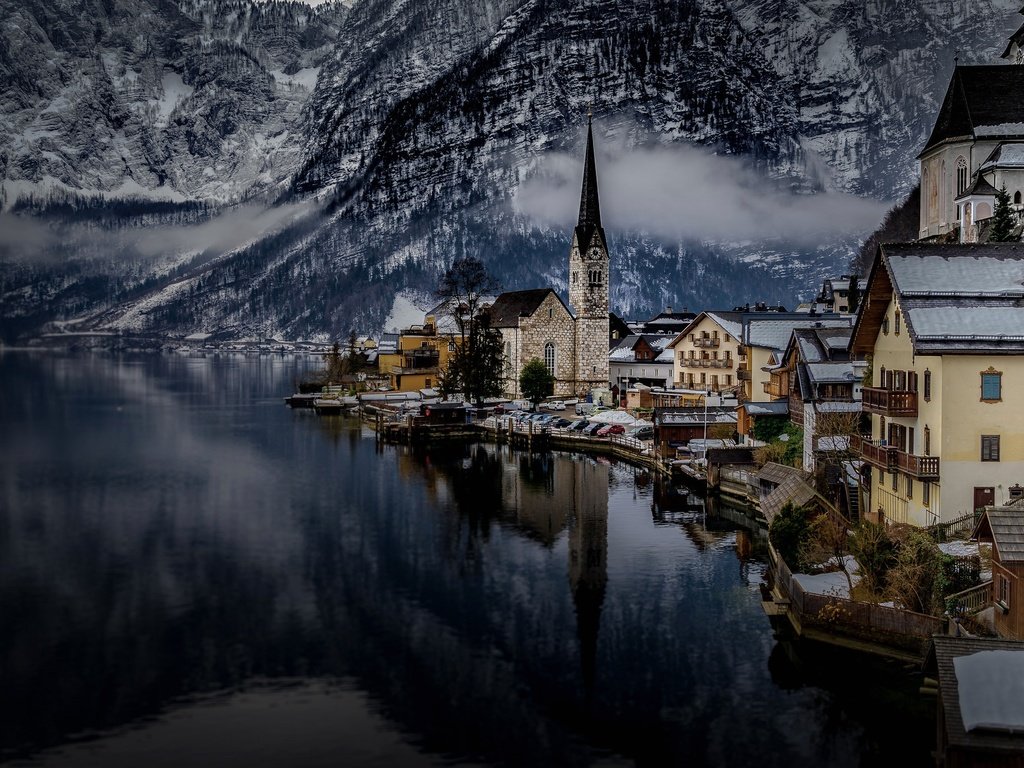 Обои облака, озеро, горы, австрия, дома, халльштатт, clouds, lake, mountains, austria, home, hallstatt разрешение 2048x1365 Загрузить