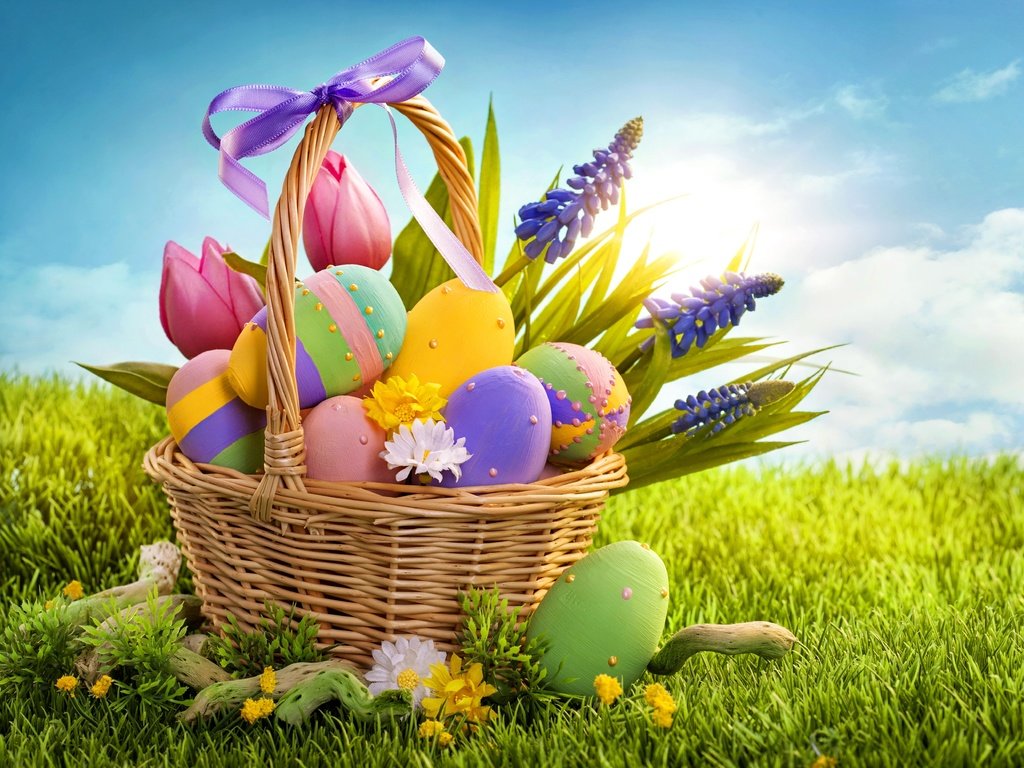 Обои тюльпаны, пасха, яйца, праздник, корзинка, бантик, солнечный свет, крашенки, tulips, easter, eggs, holiday, basket, bow, sunlight разрешение 5241x3744 Загрузить