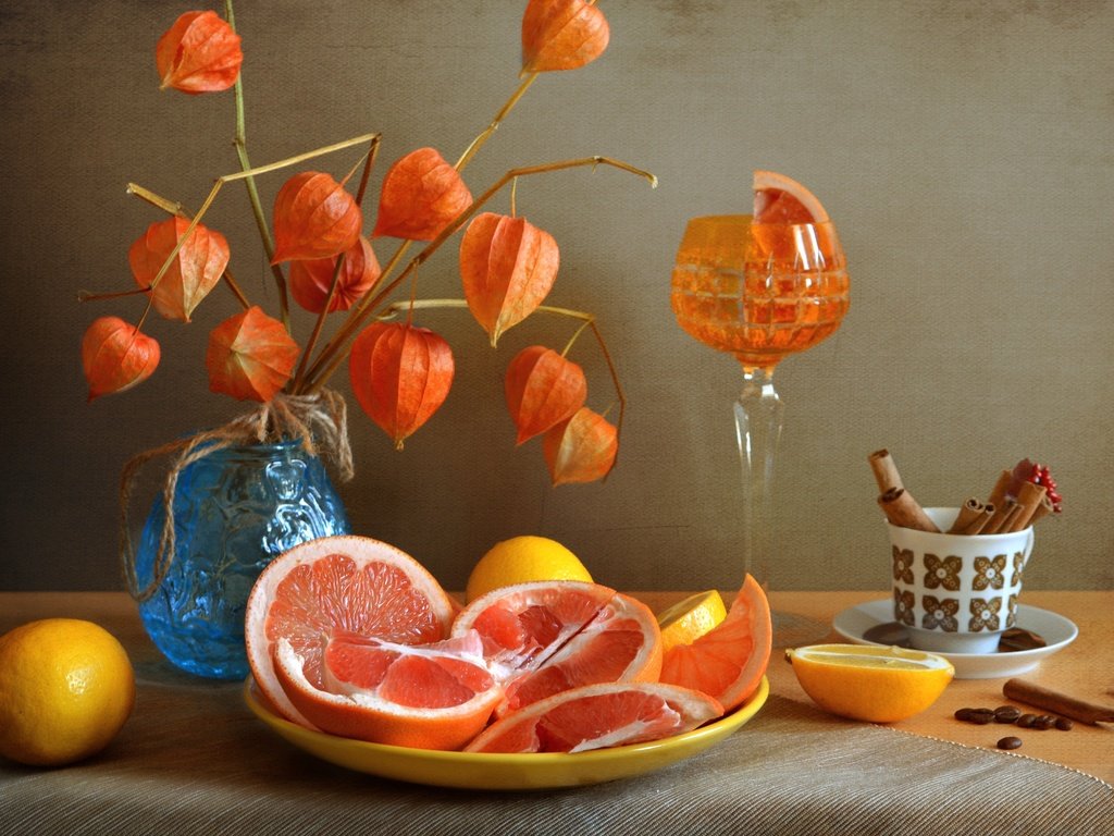 Обои фрукты, бокал, лимон, апельсин, физалис, цитрусы, fruit, glass, lemon, orange, physalis, citrus разрешение 2400x1562 Загрузить