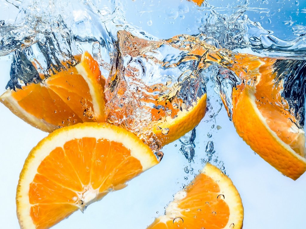 Обои вода, фрукты, апельсин, дольки, цитрусы, water, fruit, orange, slices, citrus разрешение 3840x2160 Загрузить