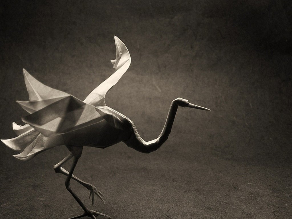 Обои животные, бумага, чёрно-белое, птица, оригами, журавль, animals, paper, black and white, bird, origami, crane разрешение 1920x1080 Загрузить