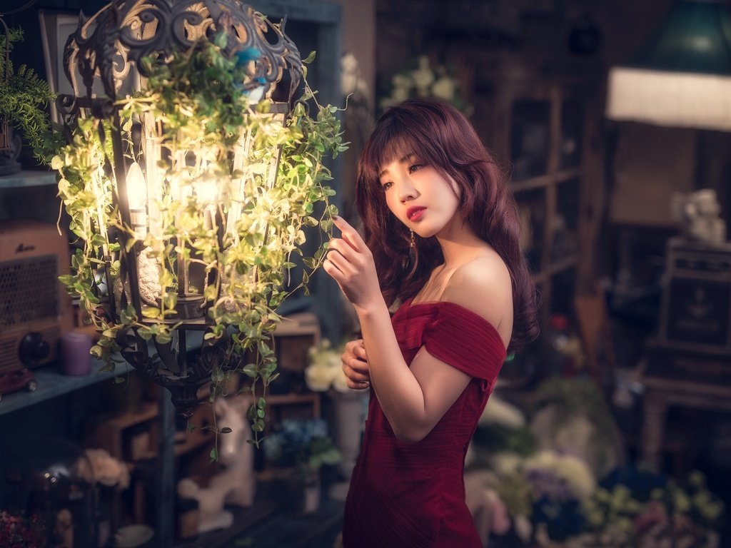 Обои девушка, платье, взгляд, лампа, волосы, азиатка, girl, dress, look, lamp, hair, asian разрешение 2048x1365 Загрузить