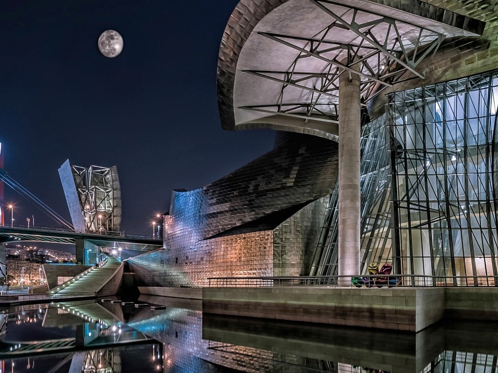 Обои ночь, луна, испания, музей гуггенхейма, бильбао, night, the moon, spain, the guggenheim museum, bilbao разрешение 1920x1080 Загрузить