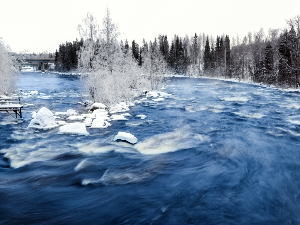 Обои деревья, река, снег, зима, мост, лёд, течение, trees, river, snow, winter, bridge, ice, for разрешение 2560x1600 Загрузить