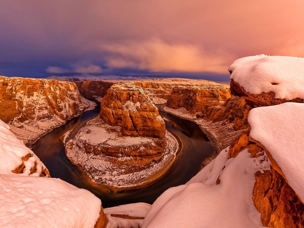 Обои закат, зима, каньон, сша, глен-каньон, штат аризона, sunset, winter, canyon, usa, glen canyon, arizona разрешение 2048x1366 Загрузить