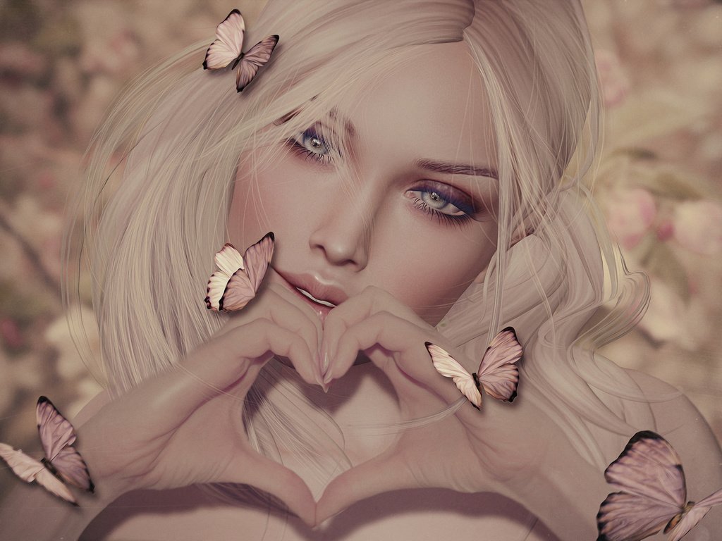 Обои девушка, блондинка, сердечко, графика, бабочки, руки, 3д, girl, blonde, heart, graphics, butterfly, hands, 3d разрешение 2048x1242 Загрузить