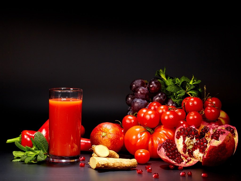 Обои зелень, томаты, гранат, виноград, сок, фрукты, апельсин, овощи, стакан, помидоры, перец, greens, garnet, grapes, juice, fruit, orange, vegetables, glass, tomatoes, pepper разрешение 5616x3654 Загрузить