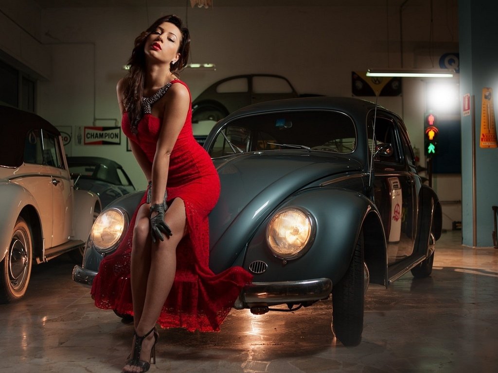 Обои огни, девушка, жук, поза, ретро, авто, красное платье, lights, girl, beetle, pose, retro, auto, red dress разрешение 1920x1250 Загрузить