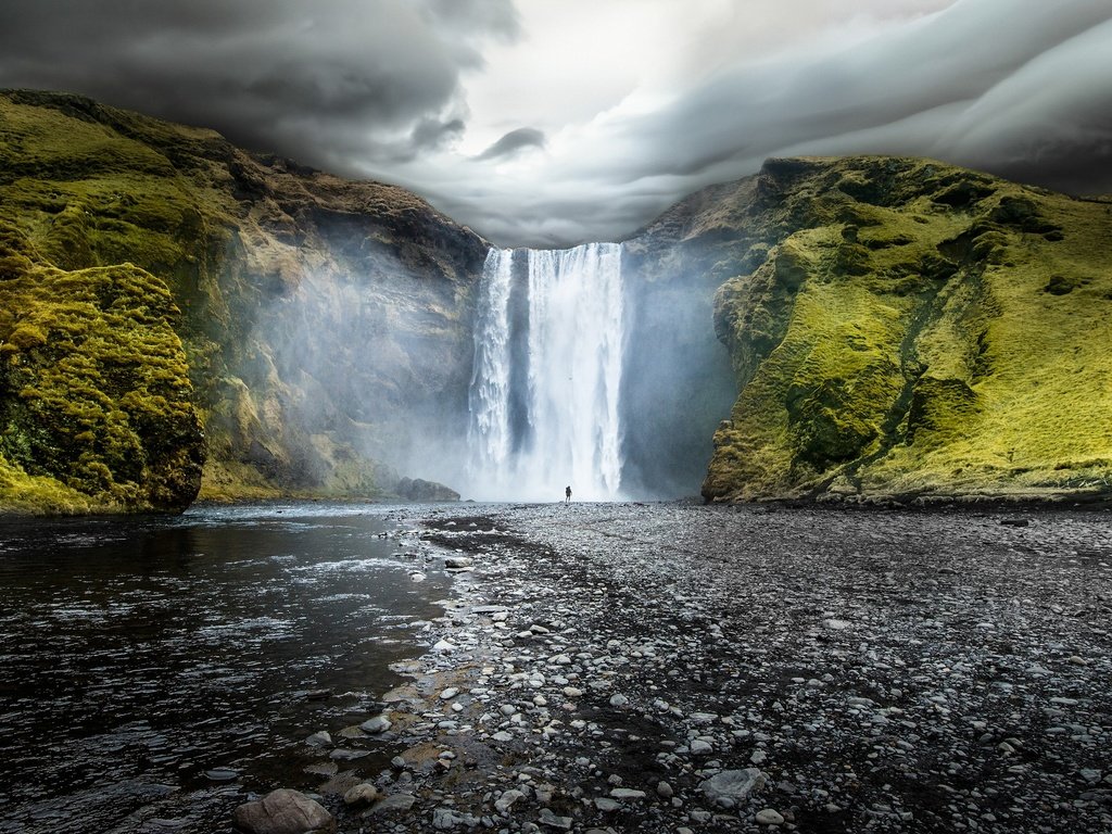 Обои водопад, исландия, скоугафосс, водопад скоугафосс, waterfall, iceland, skogafoss, skogafoss waterfall разрешение 2880x1800 Загрузить
