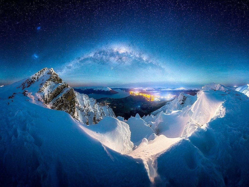 Обои ночь, горы, снег, зима, млечный путь, night, mountains, snow, winter, the milky way разрешение 1920x1080 Загрузить