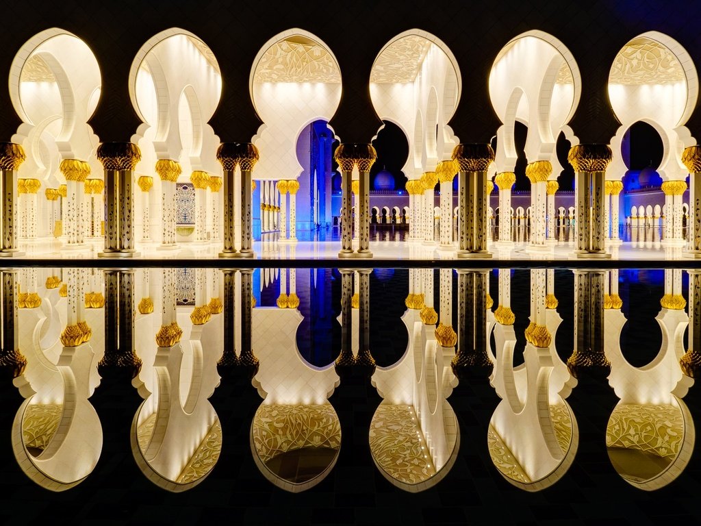 Обои отражение, оаэ, абу-даби, мечеть шейха зайда, reflection, uae, abu dhabi, the sheikh zayed grand mosque разрешение 2048x1152 Загрузить