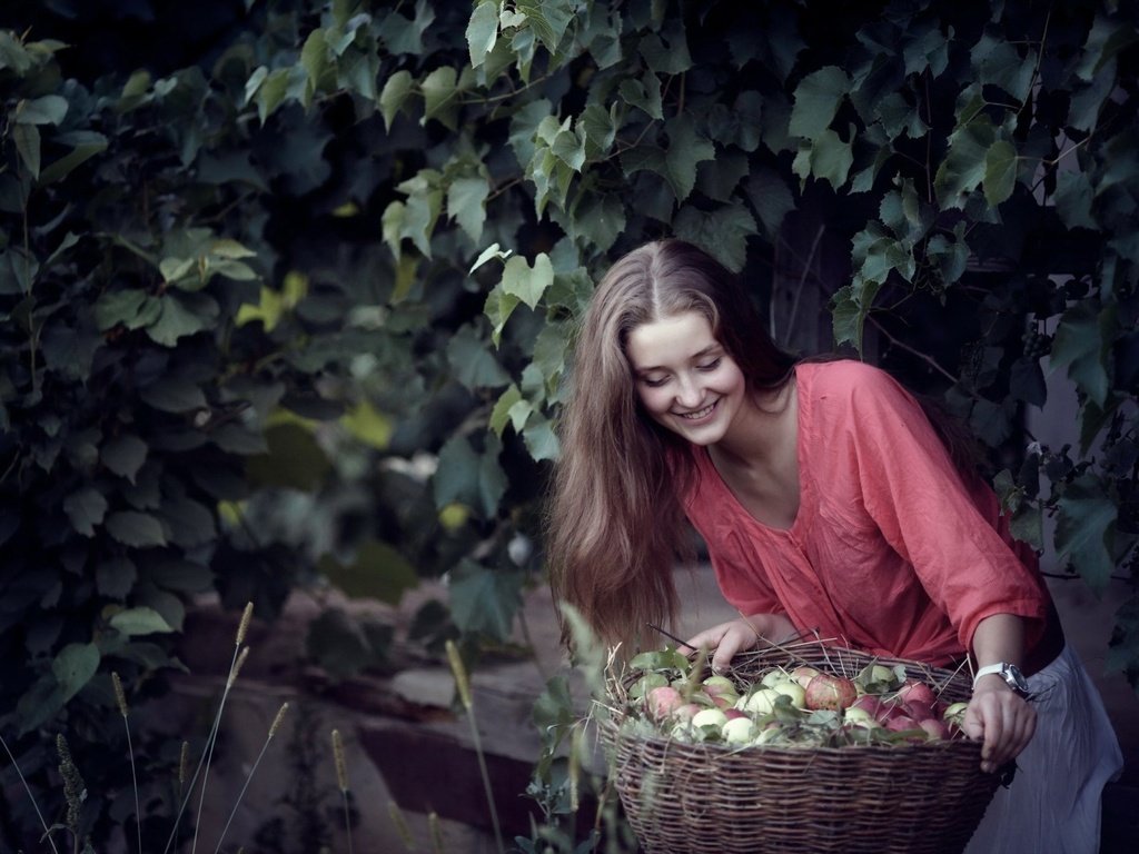 Обои девушка, улыбка, яблоки, корзина, girl, smile, apples, basket разрешение 1920x1200 Загрузить
