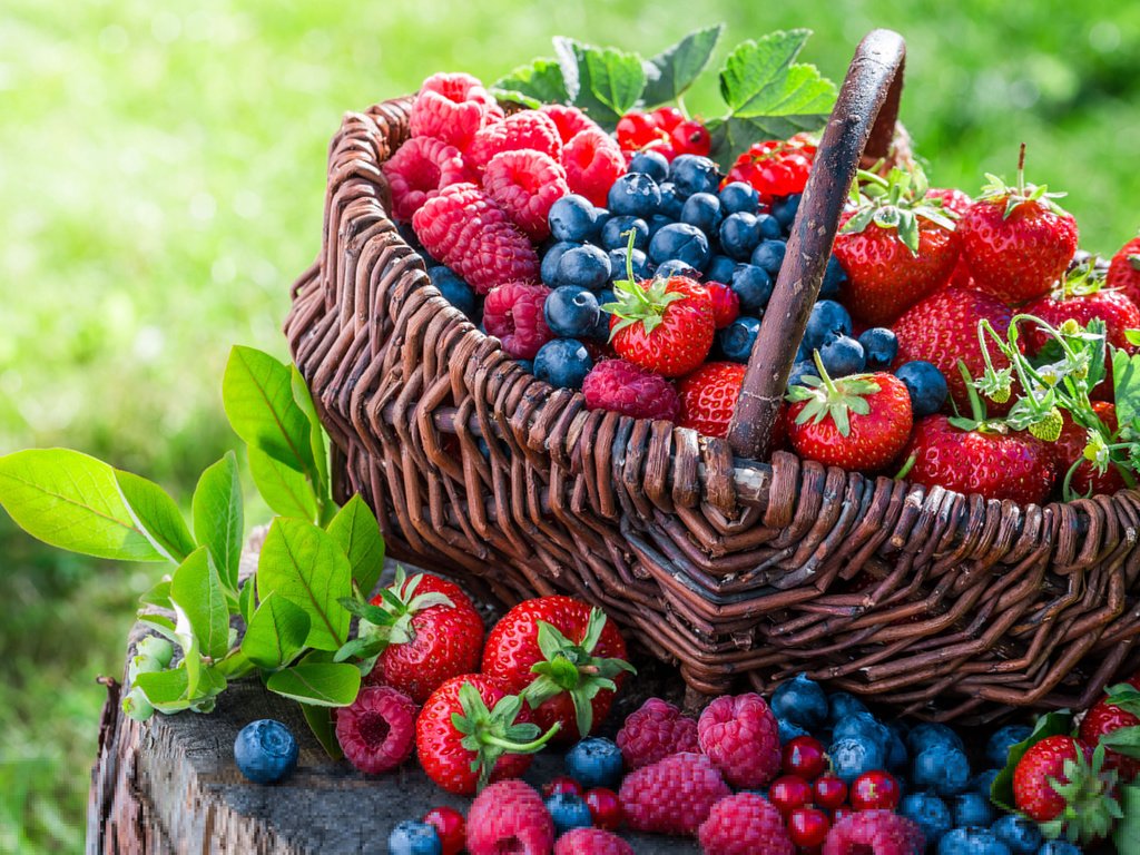 Обои малина, клубника, корзина, ягоды, черника, raspberry, strawberry, basket, berries, blueberries разрешение 3840x2400 Загрузить