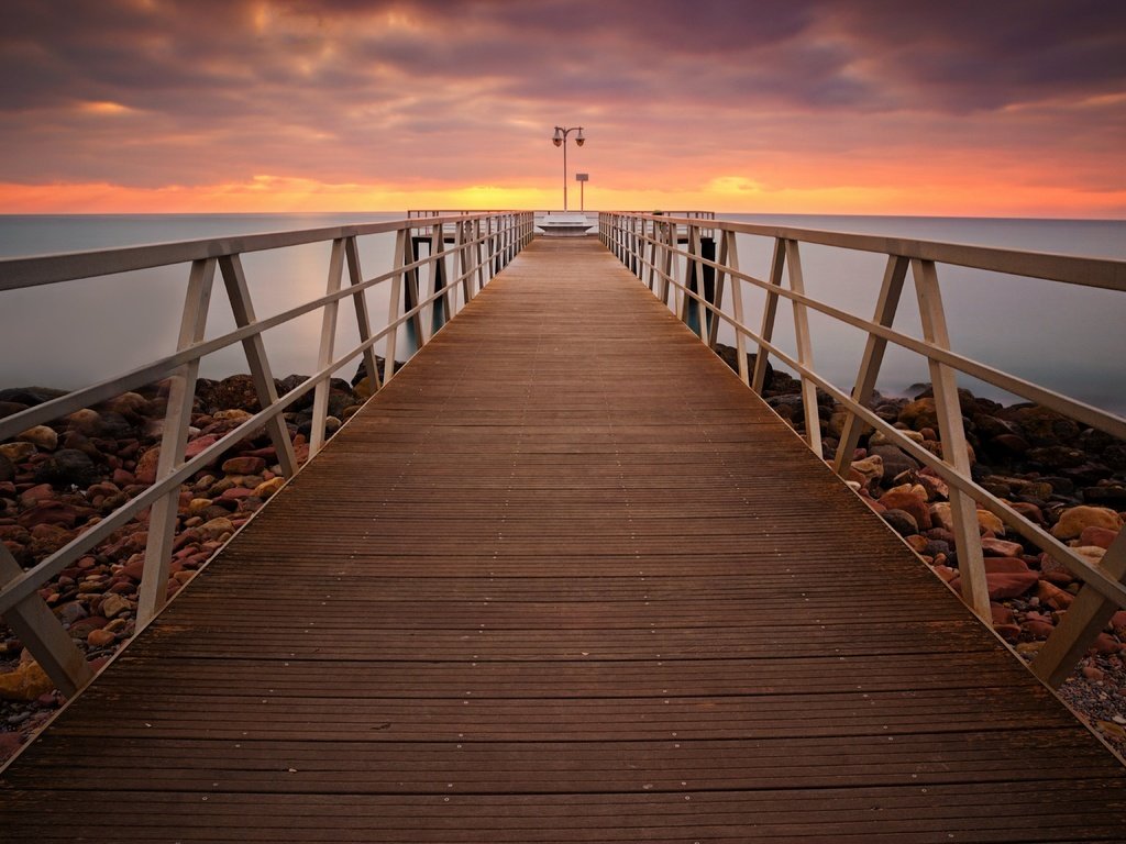 Обои небо, облака, мостик, закат, море, горизонт, пирс, причал, the sky, clouds, the bridge, sunset, sea, horizon, pierce, pier разрешение 5184x3456 Загрузить